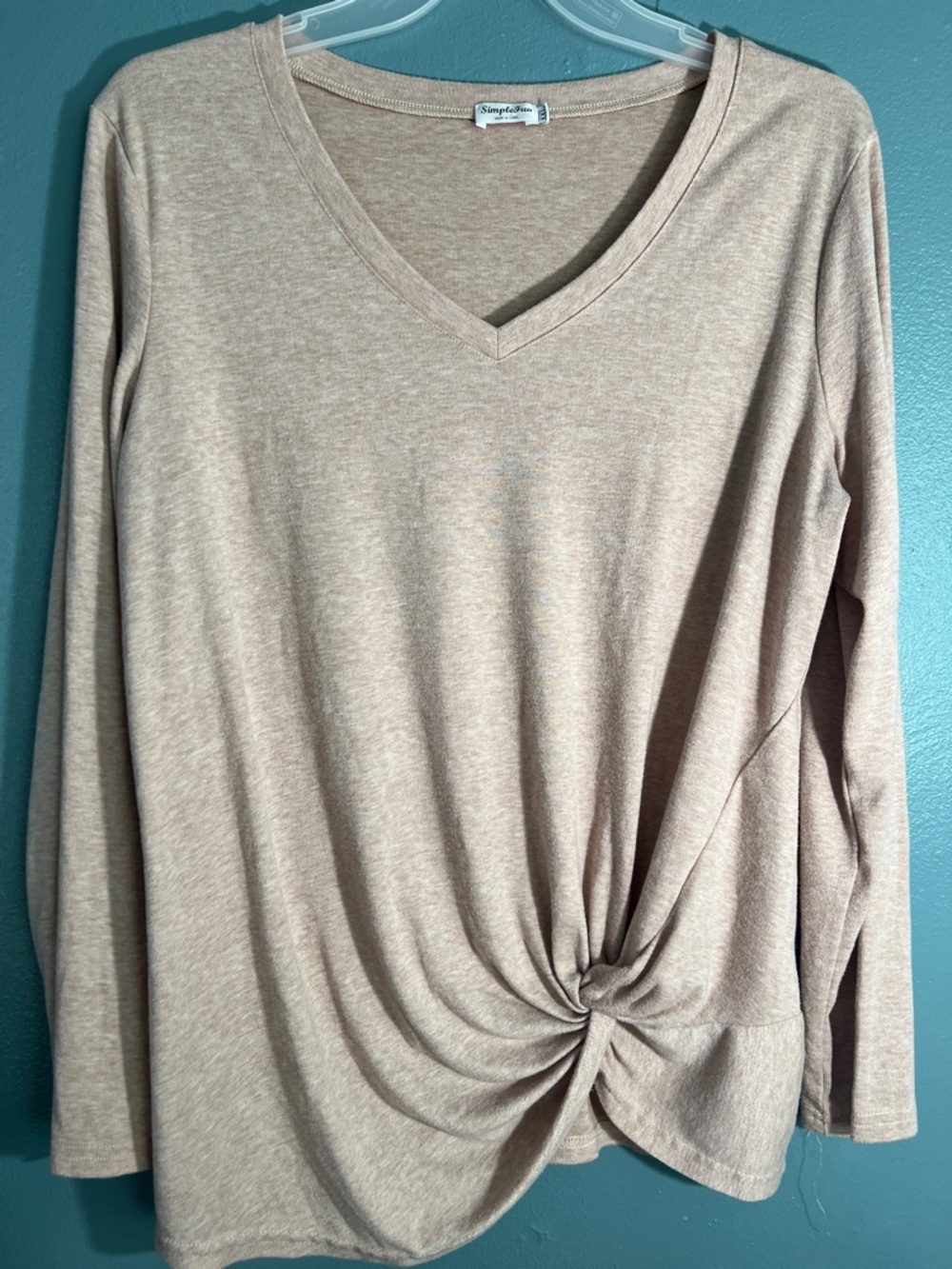 **3 for $12** Simple Beige Twist-Front V-Neck Long Sleeve Top